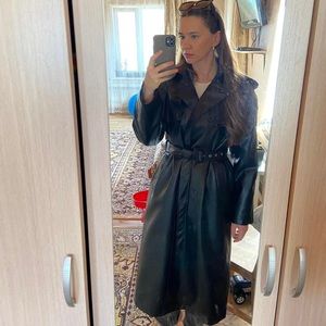 Extra long black leather coat